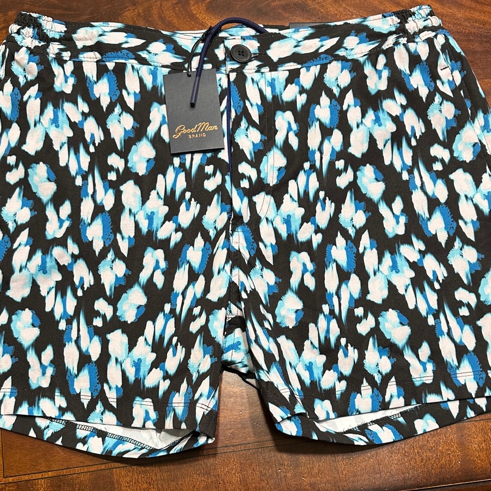 Good Man Brand Blue and Black Patterned Swim Trunks